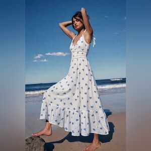 BerryGo Blue Floral Pearl Button Midi Dress Cottagecore Size L